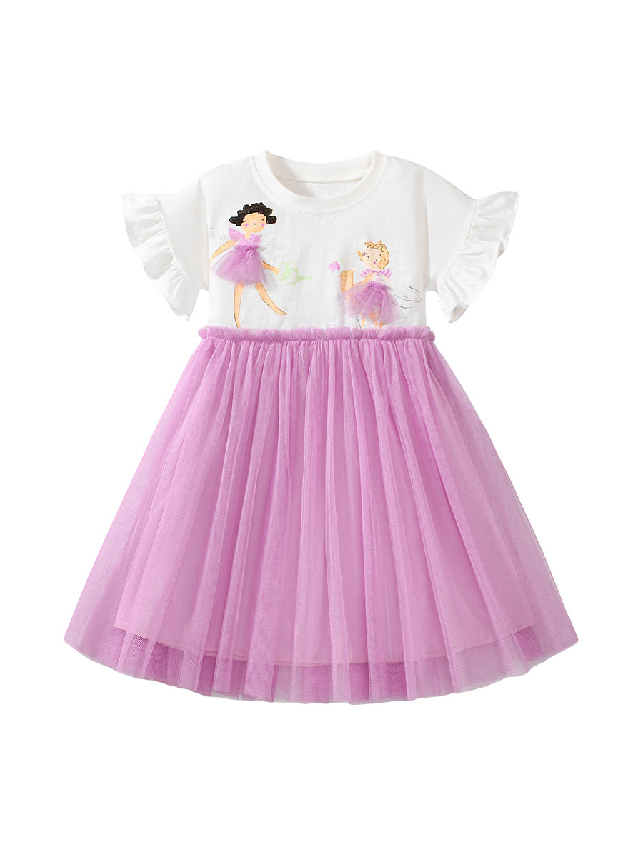 Summer Pure Cotton Cartoon Dancers Pattern Short Sleeves Tulle Patchwork Dress for Stylish Girls-3
