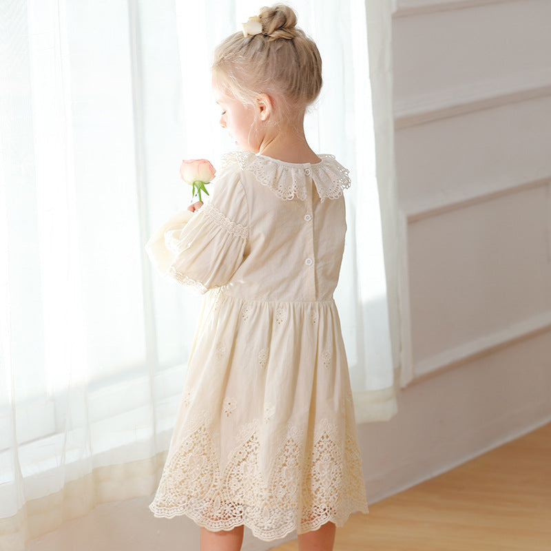 Spring and Autumn Solid Color Long-sleeved Dress with Lace Collar for Stylish Girls-2