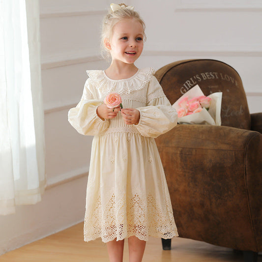 Spring and Autumn Solid Color Long-sleeved Dress with Lace Collar for Stylish Girls-0