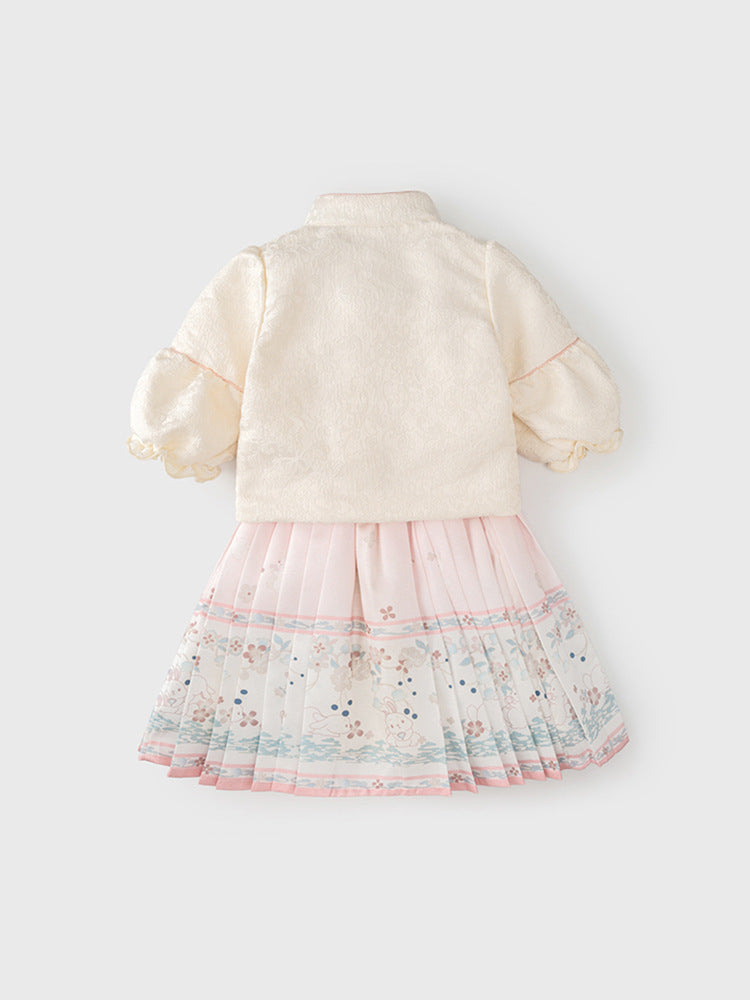 Autumn Arrival Baby Girls Simple Stand Collar Top and Rabbits Pattern Skirt Clothing Set-2