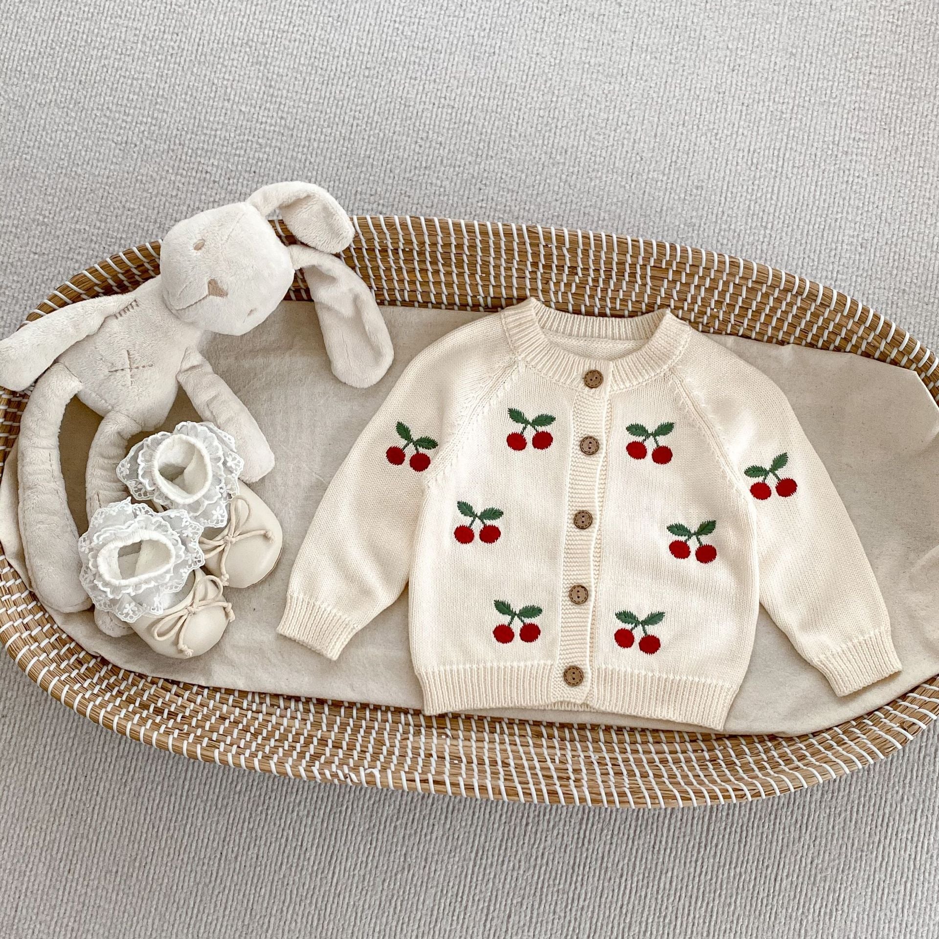 Arrival Autumn Baby Unisex Long Sleeves Cherry Jacquard Pattern Strap Onesies and Crew Neck Cardigan – Matching Set-2