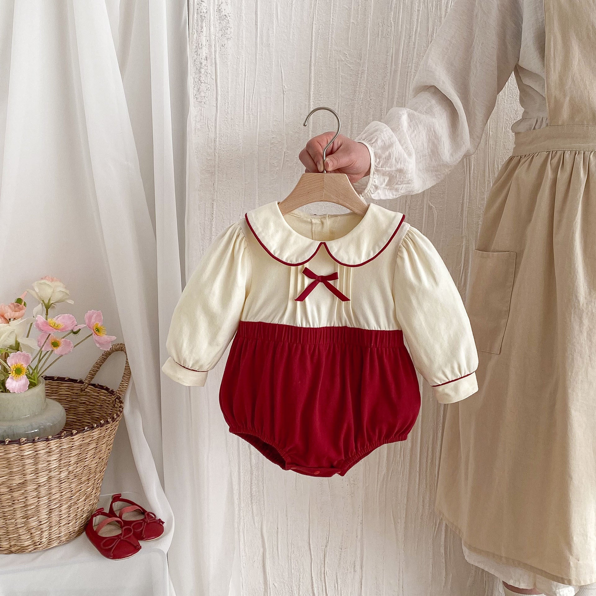 Spring Arrival Baby Girls Cute Color Patchwork Long Sleeves Peter Pan Collar Onesies-0