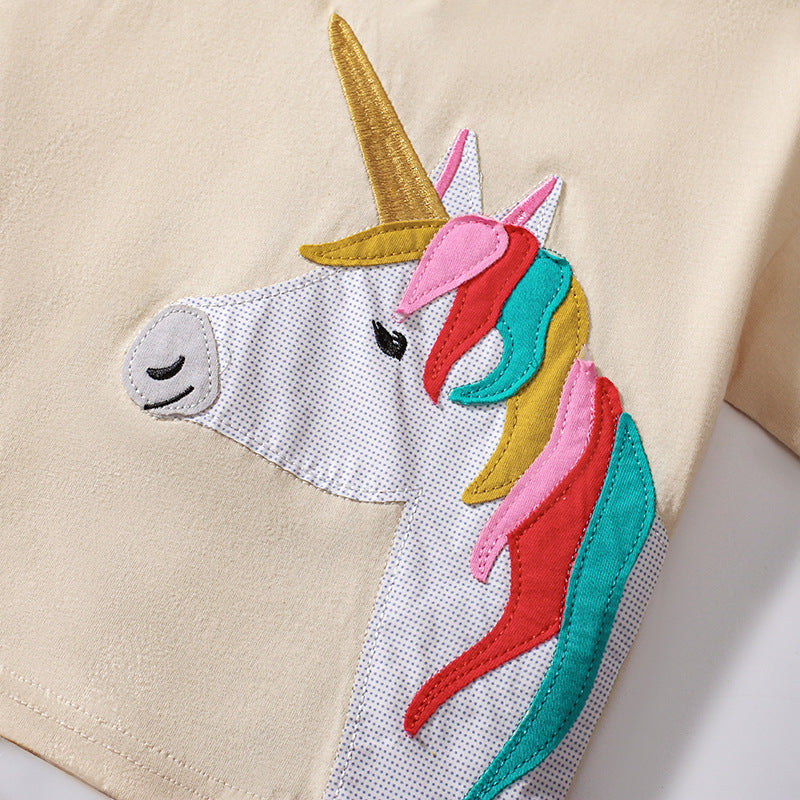 Summer Baby Kids Unicorn Cartoon Pattern T-shirt and Striped Bloomers Clothing Set for Girls-3