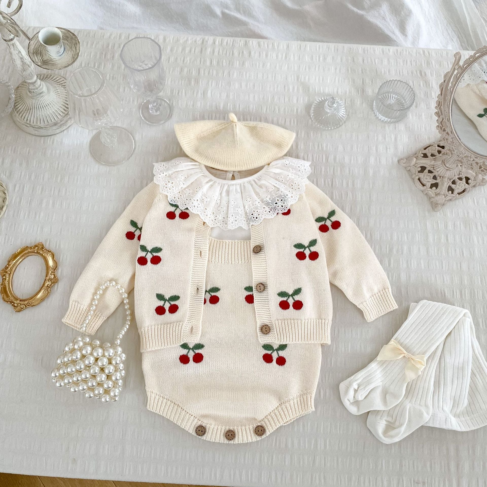 Arrival Autumn Baby Unisex Long Sleeves Cherry Jacquard Pattern Strap Onesies and Crew Neck Cardigan – Matching Set-3