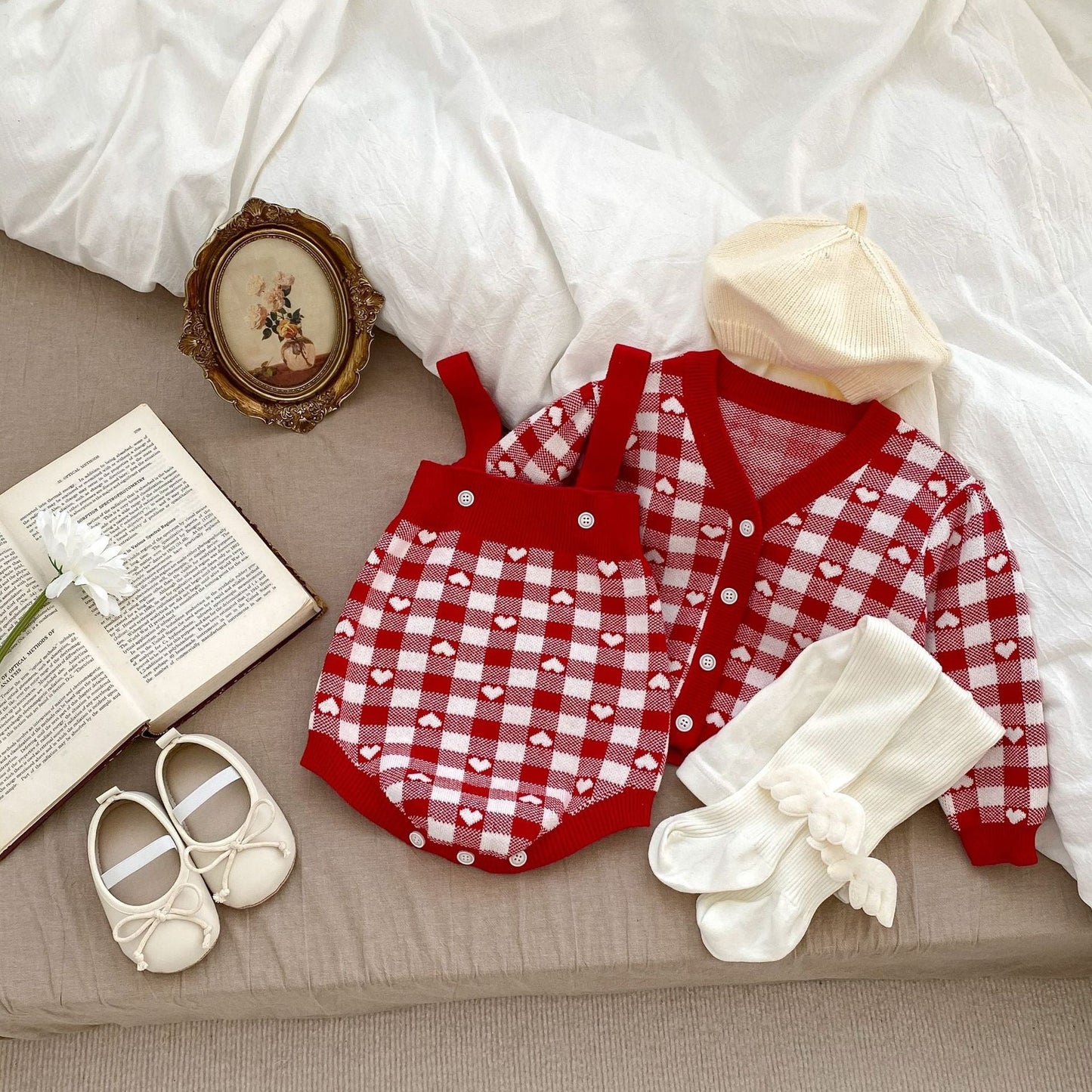 Autumn Heart Pattern Knitted Onesies & Cardigan Sets-3