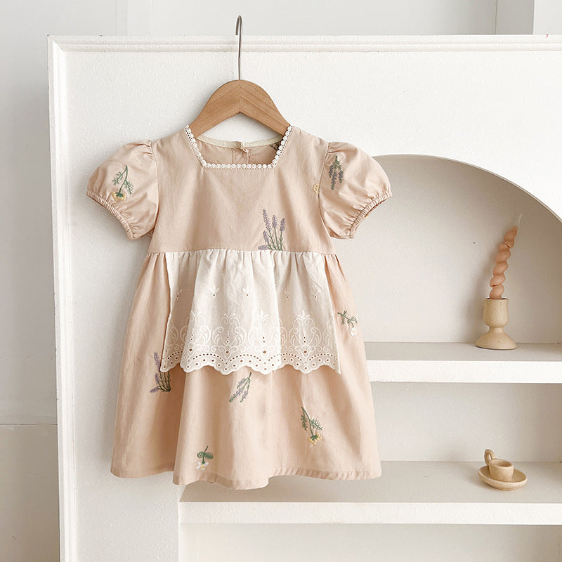Summer Baby Girls French-style Flowers Embroidery Pattern Short-sleeved Onesies and Dress – Princess Sister Matching-5