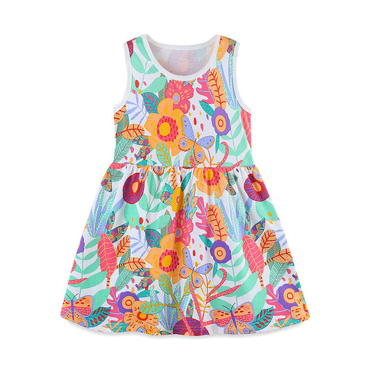 Summer Pure Cotton Cartoon Jungle Floral Pattern Sleeveless Dress for Stylish Girls-0