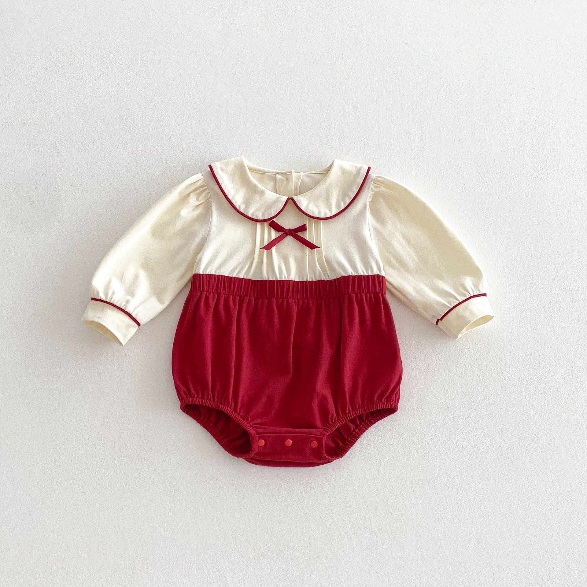 Spring Arrival Baby Girls Cute Color Patchwork Long Sleeves Peter Pan Collar Onesies-5