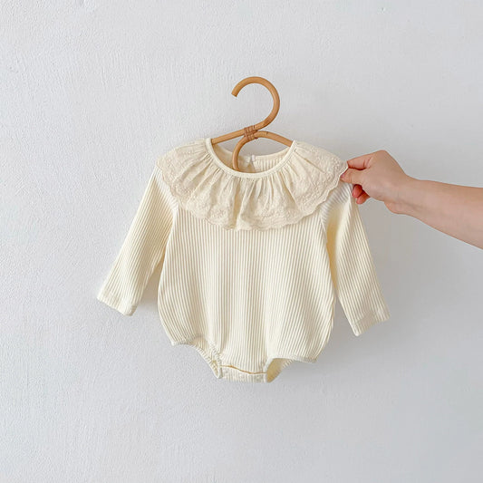 Spring and Autumn Arrival Baby Girls Long Sleeves Floral Embroidery Pattern Collar Base Layer Onesie-0
